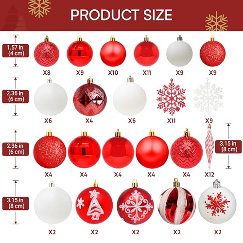 Joiedomi 133 Pcs Red & White Assorted Christmas Ornaments, Shatterproof Christmas Balls Ornaments, Xmas Hanging Decor for Tree Wreath Garland Holidays Indoor/Outdoor Party and Events - Image 4