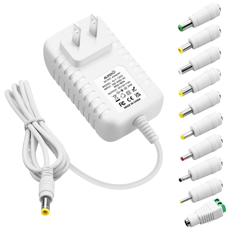 ALITOVE محول الطاقة ALITOVE 12V 2A مع 10 نصائح كابل طاقة بديل بطول 4.92 قدم 12 فولت 2000 مللي أمبير 24 واط محول AC/DC لمصباح LED، كاميرا CCTV، مكبر صوت بلوتوث، GPS، كاميرا ويب، جهاز توجيه - Image 1