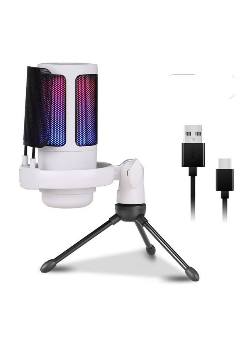 ميكروفون ديناميكي USB، ميكروفون تسجيل بودكاست مع مقبض كسب، توصيل وتشغيل، هيكل معدني، تقنية عزل الصوت، ميكروفون Cardioid Studio PC للبث الصوتي، استوديو منزلي، أبيض - Image 1