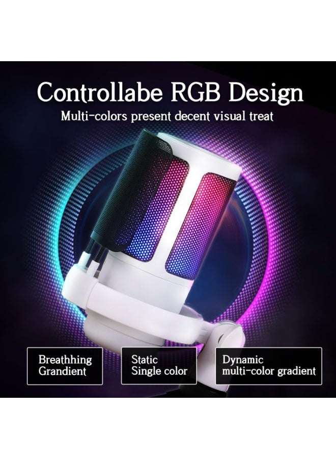 ميكروفون ديناميكي USB، ميكروفون تسجيل بودكاست مع مقبض كسب، توصيل وتشغيل، هيكل معدني، تقنية عزل الصوت، ميكروفون Cardioid Studio PC للبث الصوتي، استوديو منزلي، أبيض - Image 2