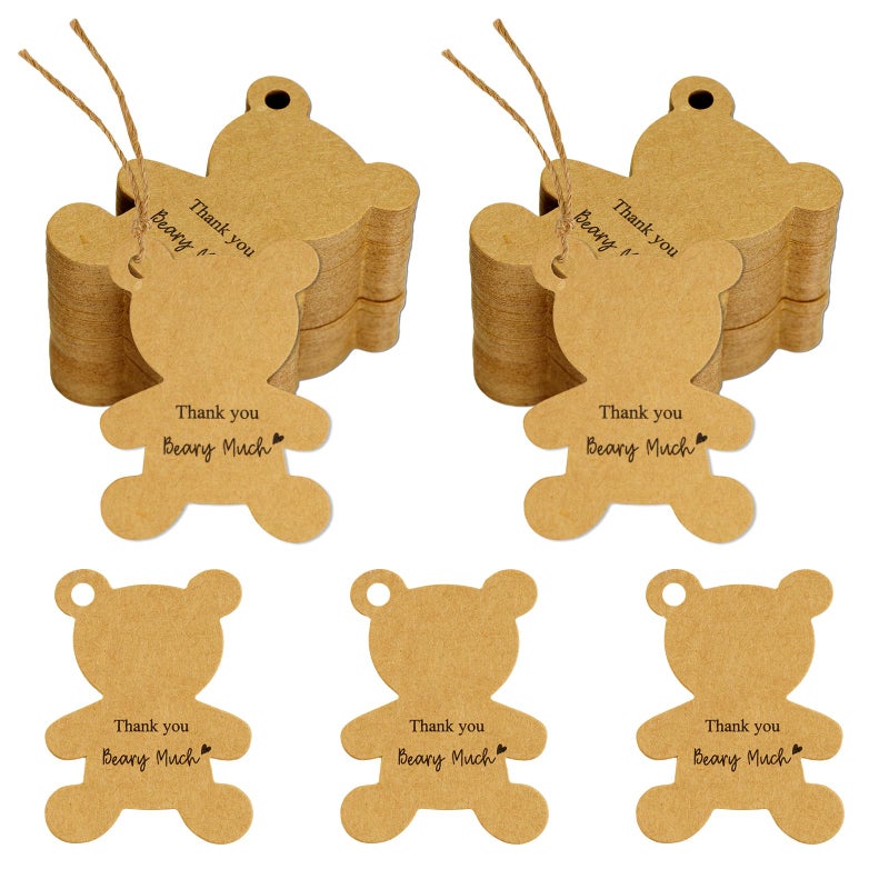Anwyll Bear Thank You Gift Tags with String,100Pcs Baby Shower Thank You Tags,Thank You Beary Much Tags,Kraft Hanging Paper Gift Tags for Birthday Baby Shower Neutral Gender Reveal Party Wedding Decor - Image 1