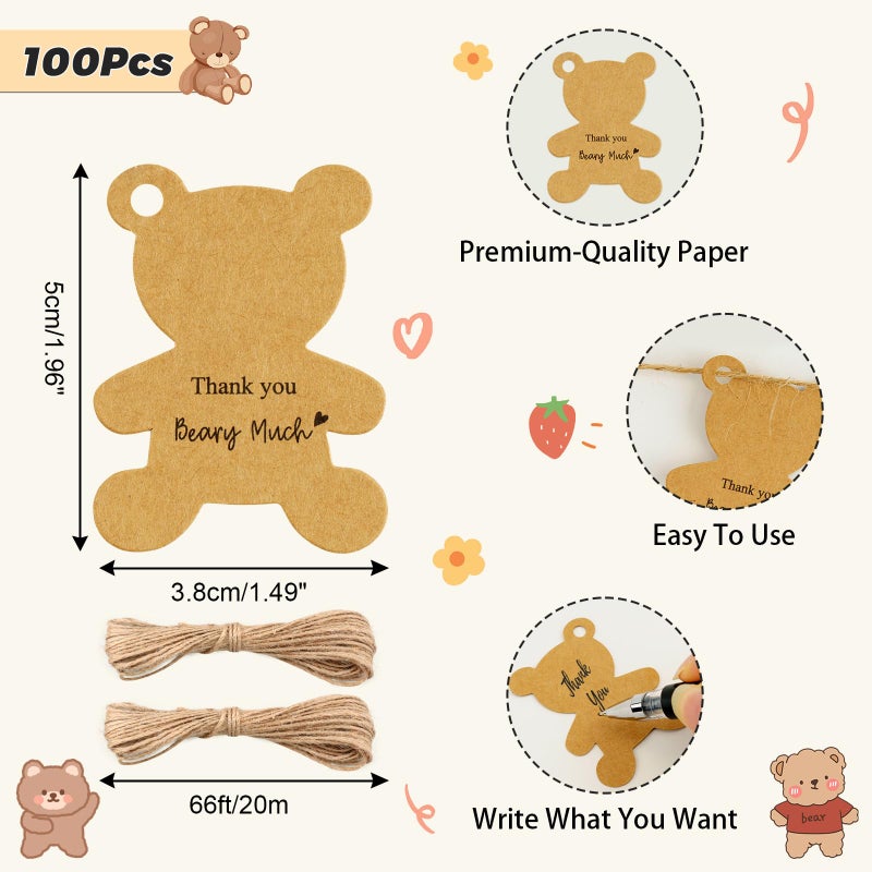 Anwyll Bear Thank You Gift Tags with String,100Pcs Baby Shower Thank You Tags,Thank You Beary Much Tags,Kraft Hanging Paper Gift Tags for Birthday Baby Shower Neutral Gender Reveal Party Wedding Decor - Image 3