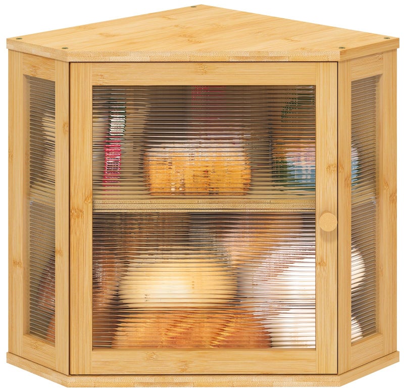 viewcare Corner Bread Box for Kitchen Counter, Bamboo Wood Large Capacity Bread Storage Bin with Acrylic Wavy Door Panel (Natural, Meduim) - Image 1