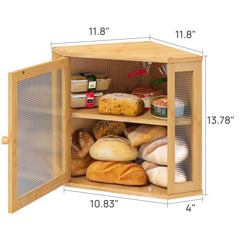 viewcare Corner Bread Box for Kitchen Counter, Bamboo Wood Large Capacity Bread Storage Bin with Acrylic Wavy Door Panel (Natural, Meduim) - Image 5