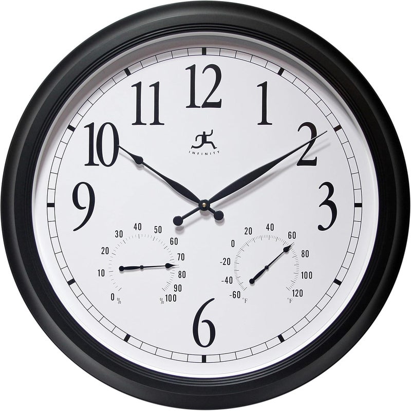 Infinity Instruments 24 inch Classic Black Wall Clock Thermometer Humidity Outdoor | Round Outdoor Wall Clock | Outdoor Indoor Thermometer Clock Hygrometer | Great for Garage, Patio, Pool, Outdoors - Image 1
