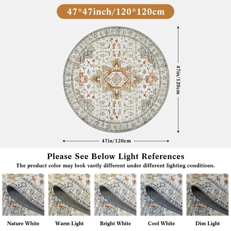 Moynesa Ultra-Thin Washable Round Rug - 4ft Oriental Circle Area Rugs for Bedroom Entryway, Vintage Non Slip Non Shedding Low Pile Carpet for Living Room Coffee Table Kitchen, Beige/Gold - Image 3