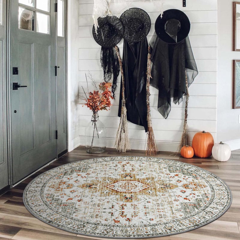 Moynesa Ultra-Thin Washable Round Rug - 4ft Oriental Circle Area Rugs for Bedroom Entryway, Vintage Non Slip Non Shedding Low Pile Carpet for Living Room Coffee Table Kitchen, Beige/Gold - Image 2