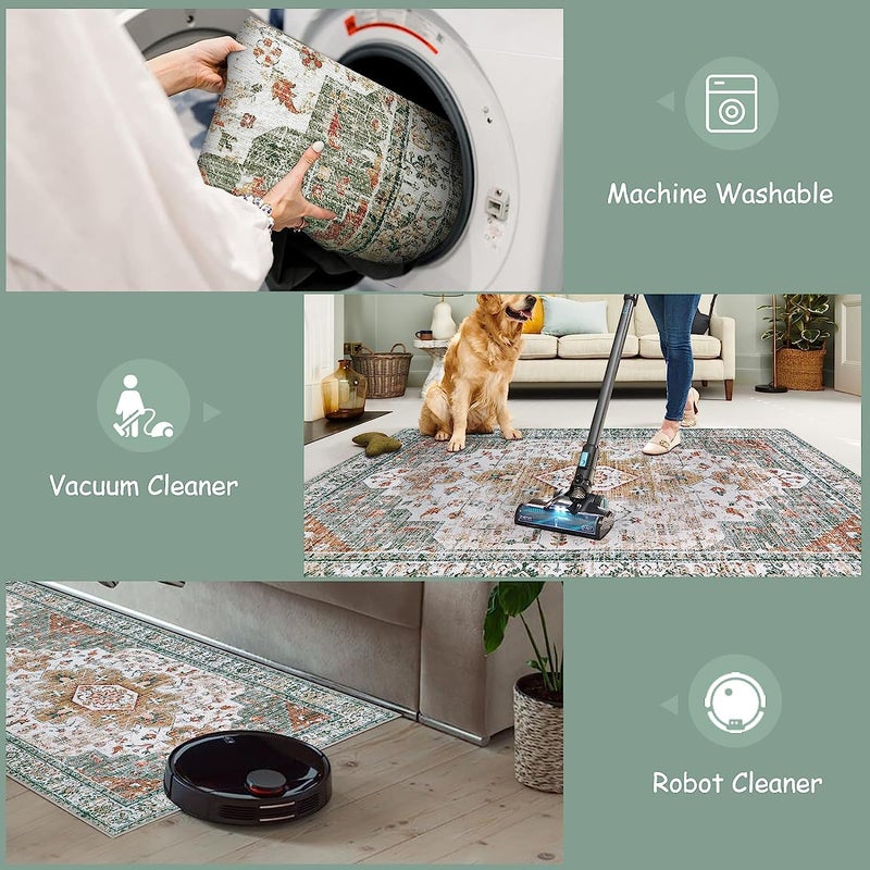 Moynesa Ultra-Thin Washable Round Rug - 4ft Oriental Circle Area Rugs for Bedroom Entryway, Vintage Non Slip Non Shedding Low Pile Carpet for Living Room Coffee Table Kitchen, Beige/Gold - Image 4