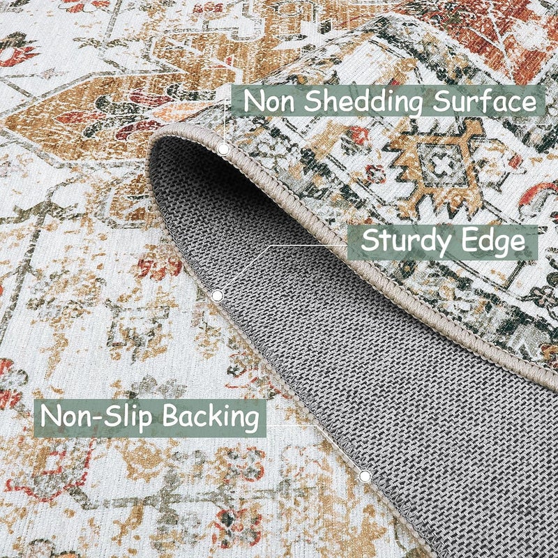 Moynesa Ultra-Thin Washable Round Rug - 4ft Oriental Circle Area Rugs for Bedroom Entryway, Vintage Non Slip Non Shedding Low Pile Carpet for Living Room Coffee Table Kitchen, Beige/Gold - Image 5