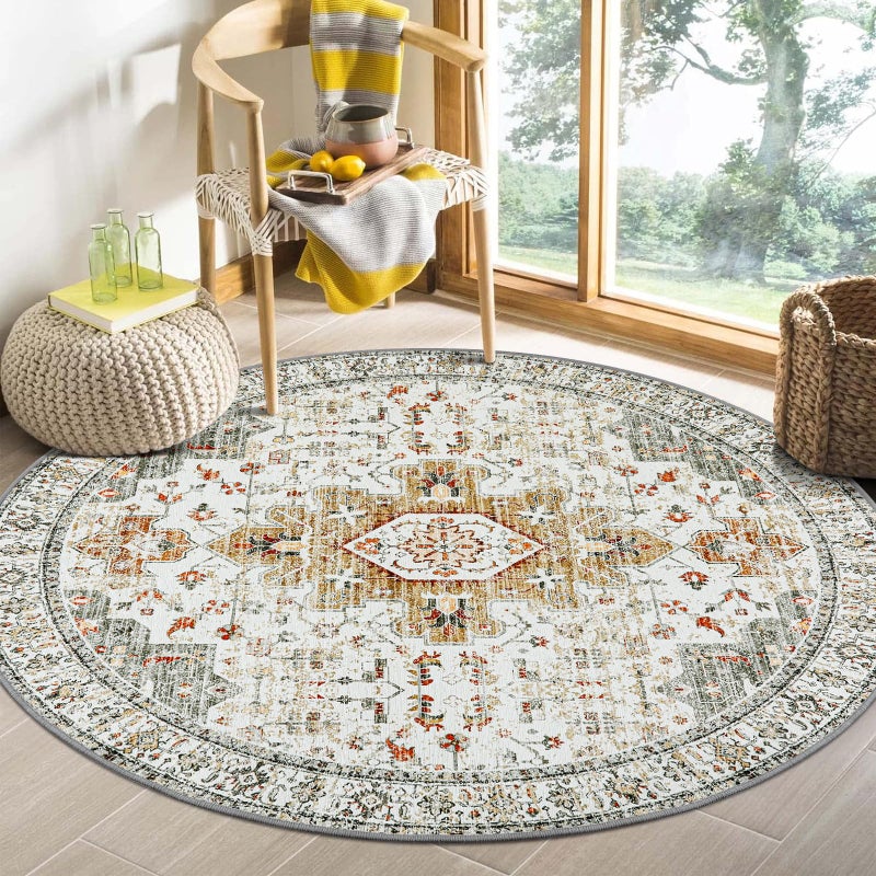 Moynesa Ultra-Thin Washable Round Rug - 4ft Oriental Circle Area Rugs for Bedroom Entryway, Vintage Non Slip Non Shedding Low Pile Carpet for Living Room Coffee Table Kitchen, Beige/Gold - Image 1