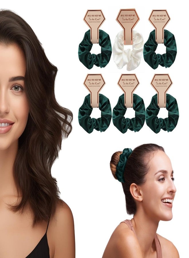 OWITER Satin Bridesmaid Scrunchies Bachelorette Hair Ties Set of 6 Bridal Shower No Damage Hairties ideas Gift for Wedding Party (dark green) - Image 1