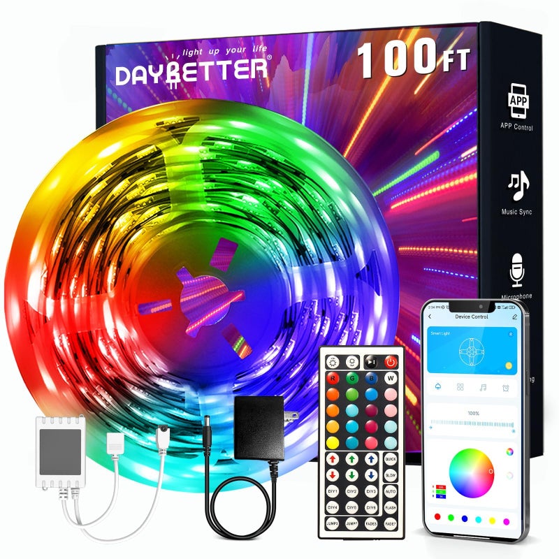 DAYBETTER LED Strip Lights 100ft, Smart Lighting with App Remote Control, RGB LED Lights for Bedroom, Music Sync Color Changing for Room Home Decor Party (1 Roll) - Image 1