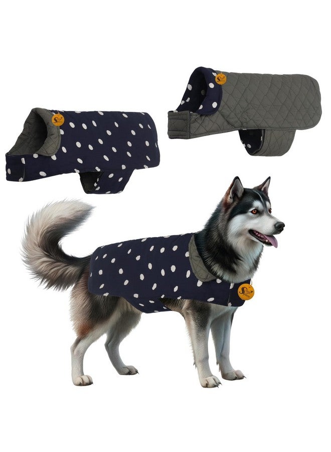 Sage Square معطف شتوي للكلاب بنقشة بولكا دوت قابل للعكس - جاكيت حيوانات أليفة مقاوم للعوامل الجوية، معزول، قابل للتعديل، ناعم ومريح للراحة الدافئة والمريحة في الداخل والخارج (بولكا أزرق بحري، 3XL - 24 بوصة) - Image 1