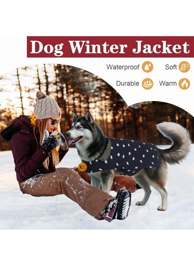 Sage Square معطف شتوي للكلاب بنقشة بولكا دوت قابل للعكس - جاكيت حيوانات أليفة مقاوم للعوامل الجوية، معزول، قابل للتعديل، ناعم ومريح للراحة الدافئة والمريحة في الداخل والخارج (بولكا أزرق بحري، 3XL - 24 بوصة) - Image 4