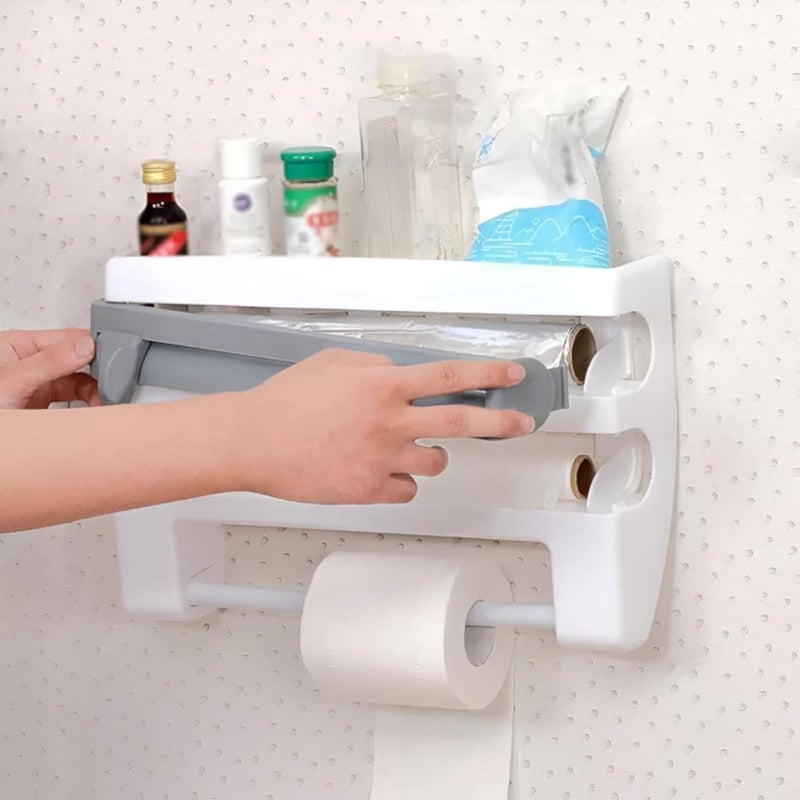 رف - موزع متعدد الاستخدامات للأغلفة البلاستيكية ورقائق الألومنيوم يُثبت على الحائط مع قاطع مغناطيسي، حل أنيق لتخزين أدوات المطبخ باللون الرمادي، 14.84 × 9.45 × 2.76 بوصة