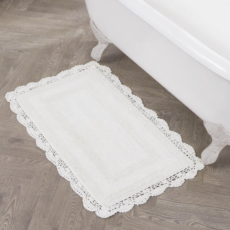 Laura Ashley Absorbent Bath Mat Reversible Crochet Soft and Plush Bathroom Mat 100% Cotton 24x40 Bath Rug, White - Image 1