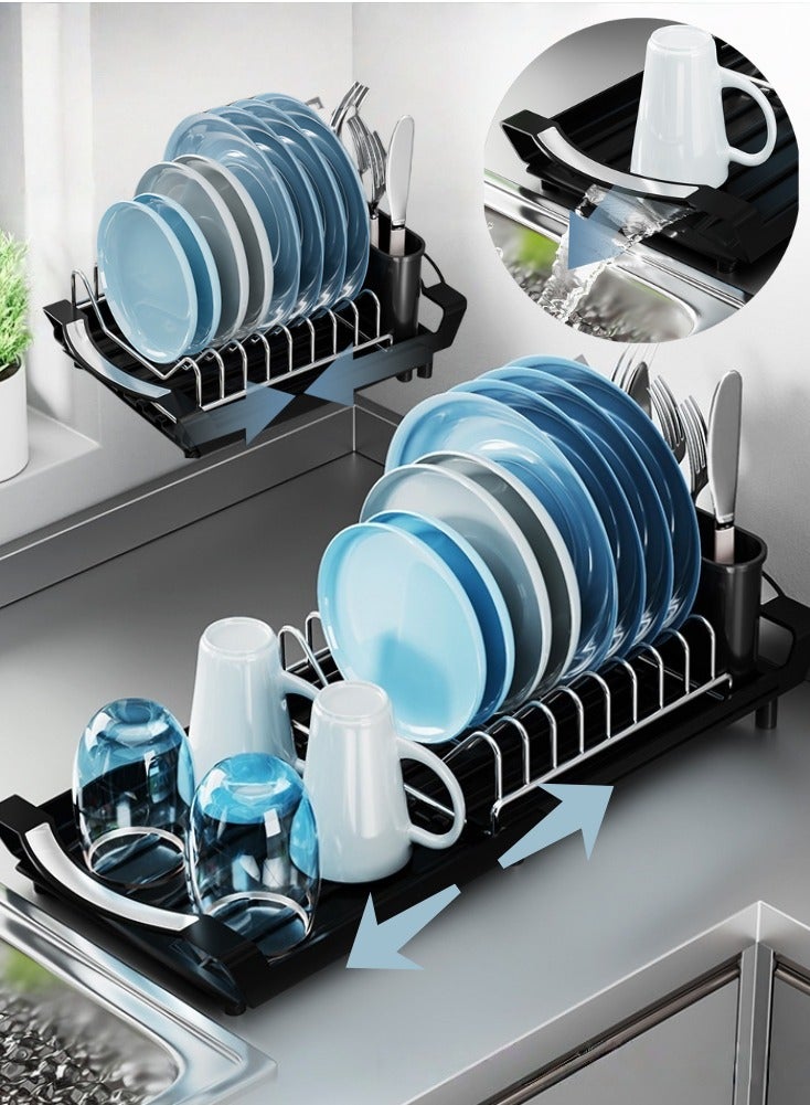أفضل ذروة رف تجفيف أطباق كبير، منظم مطبخ من الفولاذ المقاوم للصدأ بطبقتين مع حامل أدوات، رف لوح تقطيع ونظام تصريف، رف أطباق للطاولة - Image 2