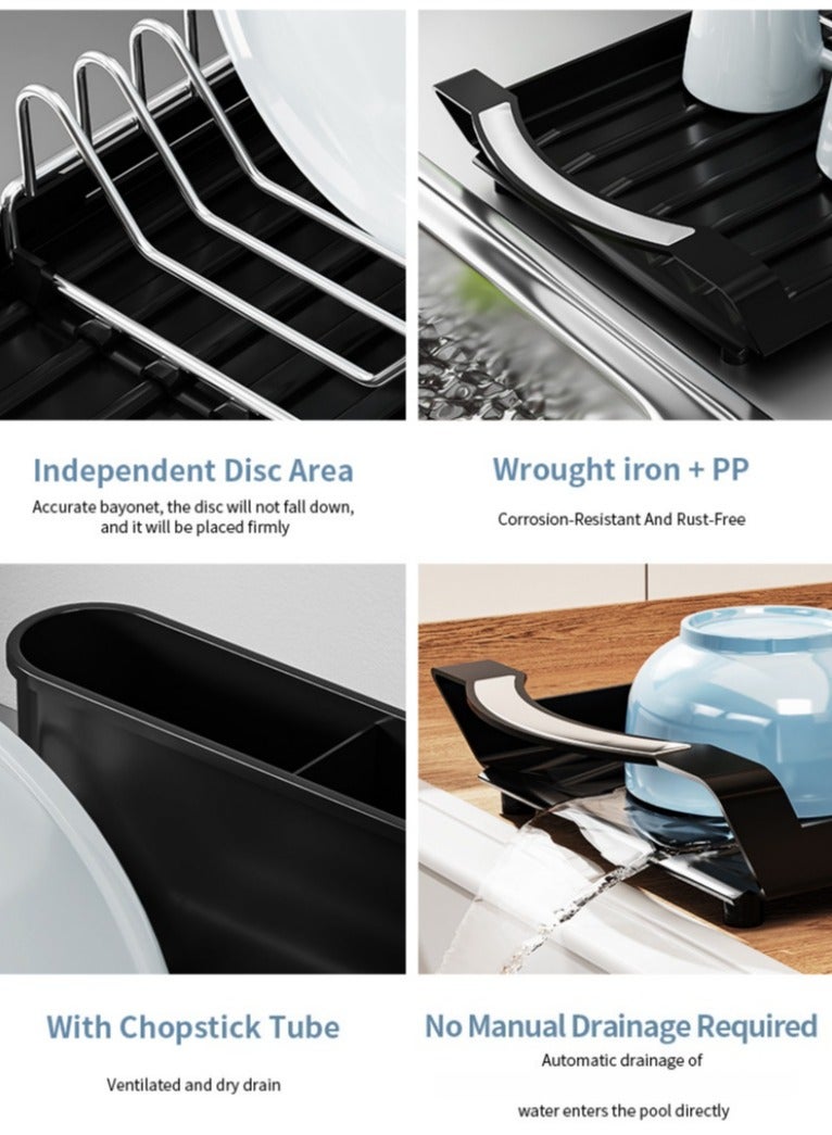 أفضل ذروة رف تجفيف أطباق كبير، منظم مطبخ من الفولاذ المقاوم للصدأ بطبقتين مع حامل أدوات، رف لوح تقطيع ونظام تصريف، رف أطباق للطاولة - Image 5