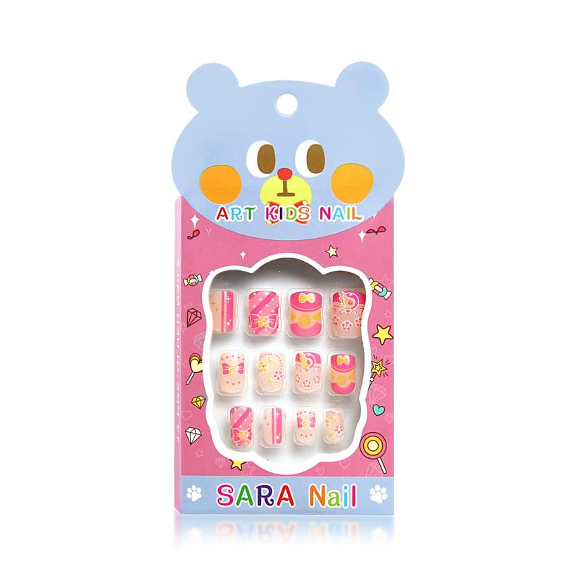 Omdhanu Girls Press on Nails Fake Nails Artificial Nails Full Cover Short False Fingernails for Children Girls Nail Design Decoration Multi Colour 12 pcs 1 BOX6 PACK - Image 1