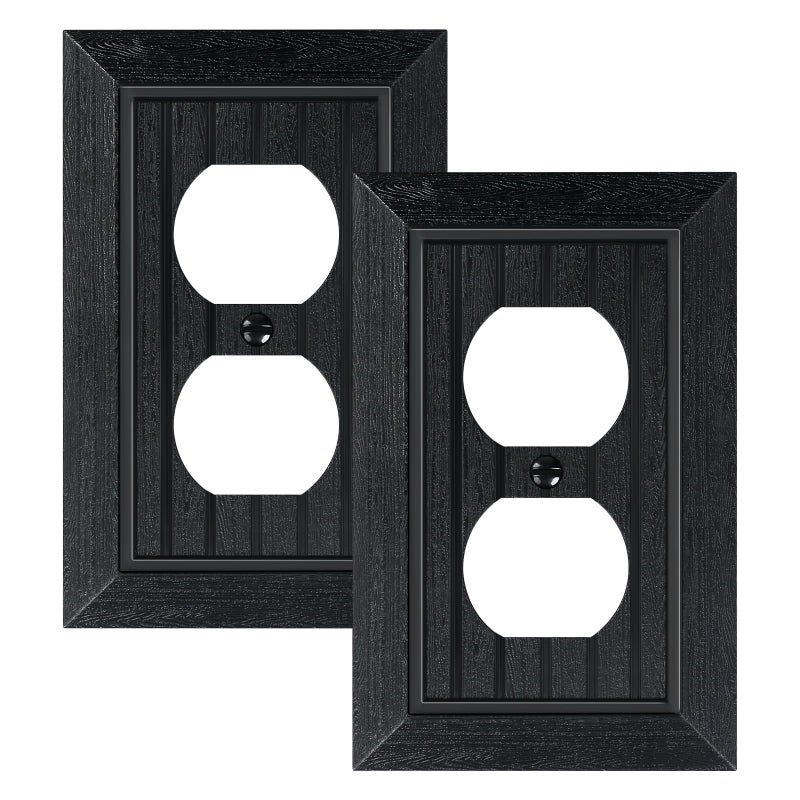 treewell 2-Pack Classic Beadboard Duplex Outlet Cover Plate, Decorative Unbreakable Polycarbonate Switch Plates and Outlet Covers, Matte Black Wall Plates for Electrical Outlets, 1 Gang Receptacle Cover - Image 1