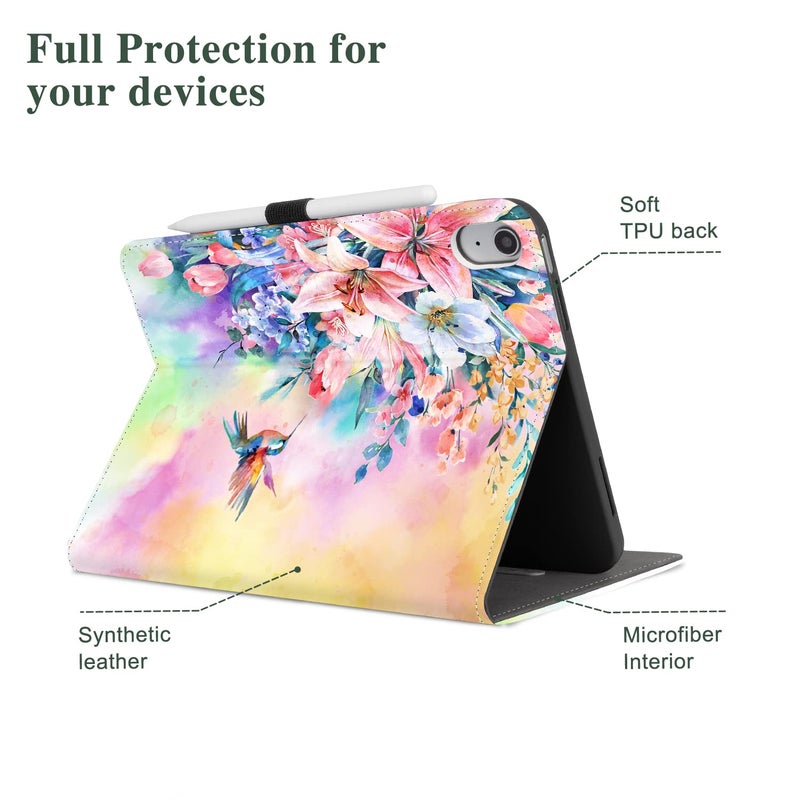 Vimorco Case for iPad (A16) 11th Generation 2025, for iPad 11th/10th Generation Case, Pencil Holder/Hand Strap/Pocket, Multiple Stand Protector Shell Cover, Auto Wake/Sleep, Hummingbird Flower - Image 4