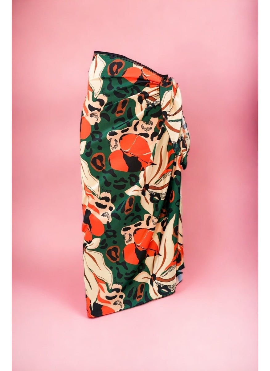 Pistore Green Cream Floral and Leopard Patterned Long Pareo Satin Women's Beach Dress New Season  - Image 1