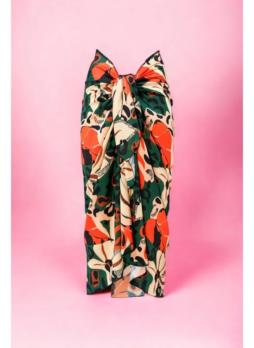 Pistore Green Cream Floral and Leopard Patterned Long Pareo Satin Women's Beach Dress New Season