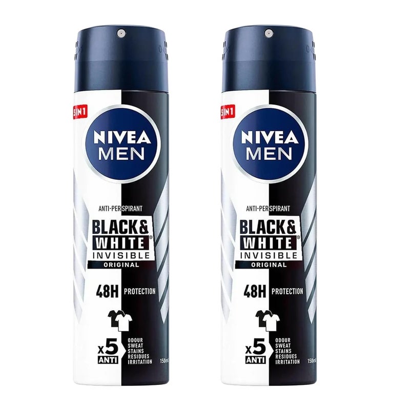 NIVEA Men Invisible for Black & White Original Anti-Perspirant Deodorant Spray 150ml | 48H Protection | No White Marks or Yellow Stains | No Ethyl Alcohol | Fresh Scent | Quick-Dry, 2 Packs - Image 2