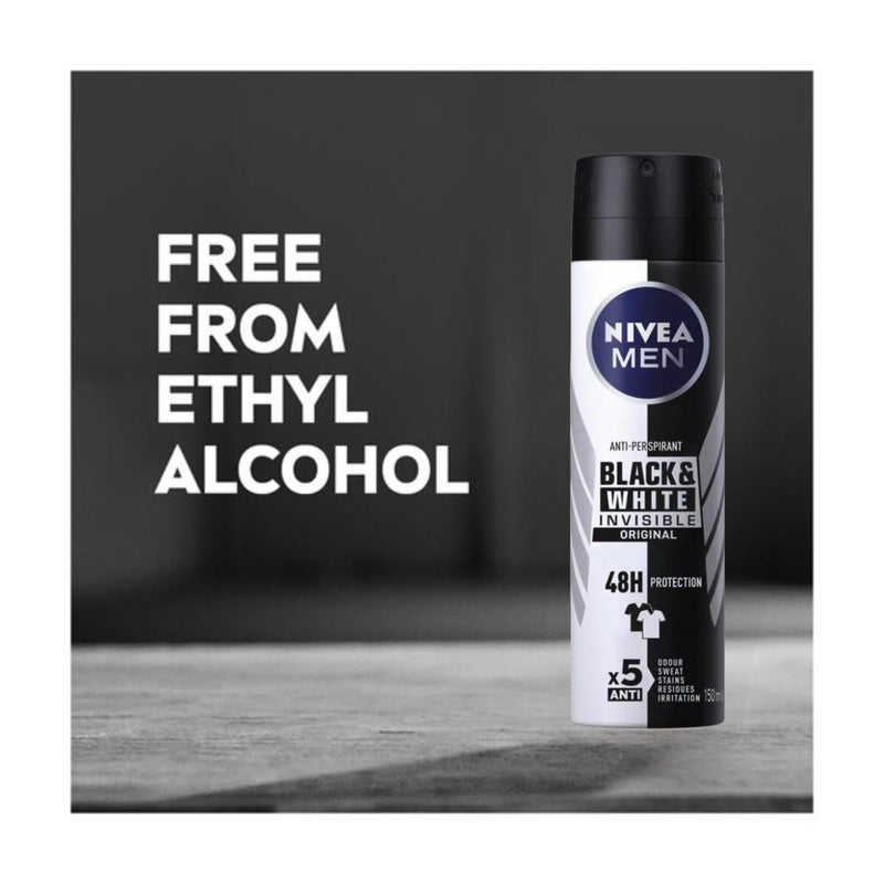 NIVEA Men Invisible for Black & White Original Anti-Perspirant Deodorant Spray 150ml | 48H Protection | No White Marks or Yellow Stains | No Ethyl Alcohol | Fresh Scent | Quick-Dry, 2 Packs - Image 4