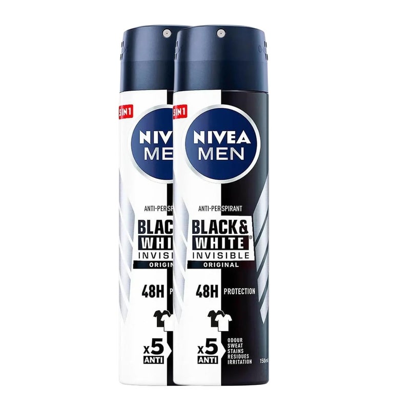 NIVEA Men Invisible for Black & White Original Anti-Perspirant Deodorant Spray 150ml | 48H Protection | No White Marks or Yellow Stains | No Ethyl Alcohol | Fresh Scent | Quick-Dry, 2 Packs - Image 1