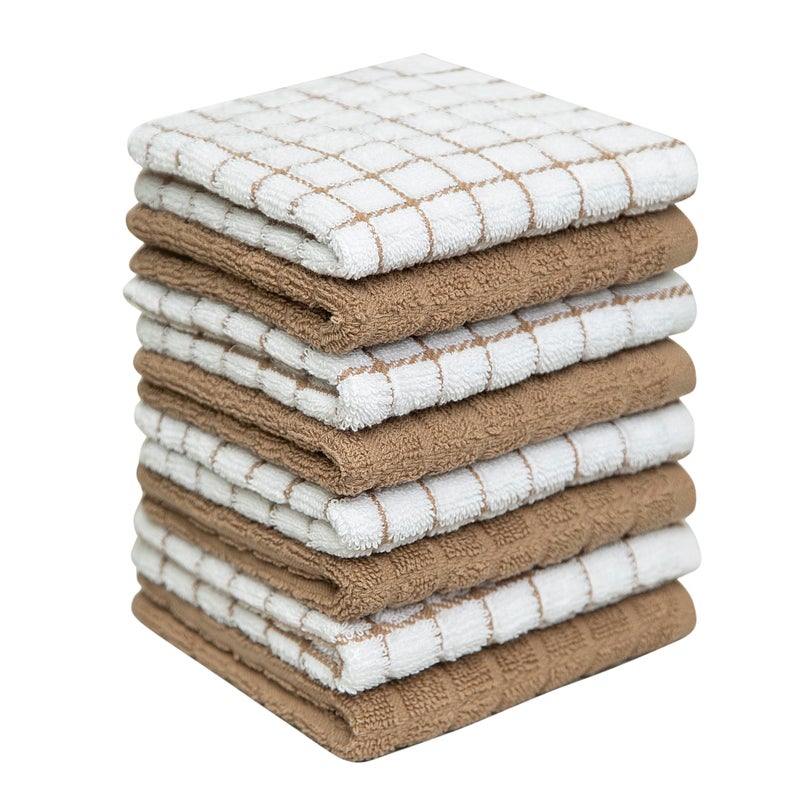 Bumble Towels Bumble Premium Cotton Dish Cloths 12 x 12  Tan Check Design  405 GSM  Highly Absorbent  Soft Dish Towels  100 Natural Ring Spun Cotton Kitchen Towel Set  8 Pack 