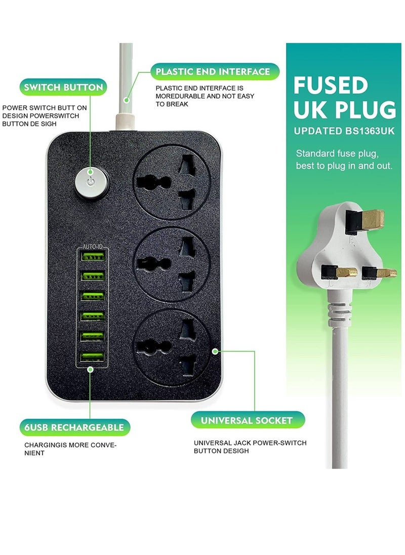 BGM Power Strips Extension Cord 3 Outlets, Power Socket with 6 USB Ports Universal Charging Socket with 2M Bold Extension Cord  - Image 2