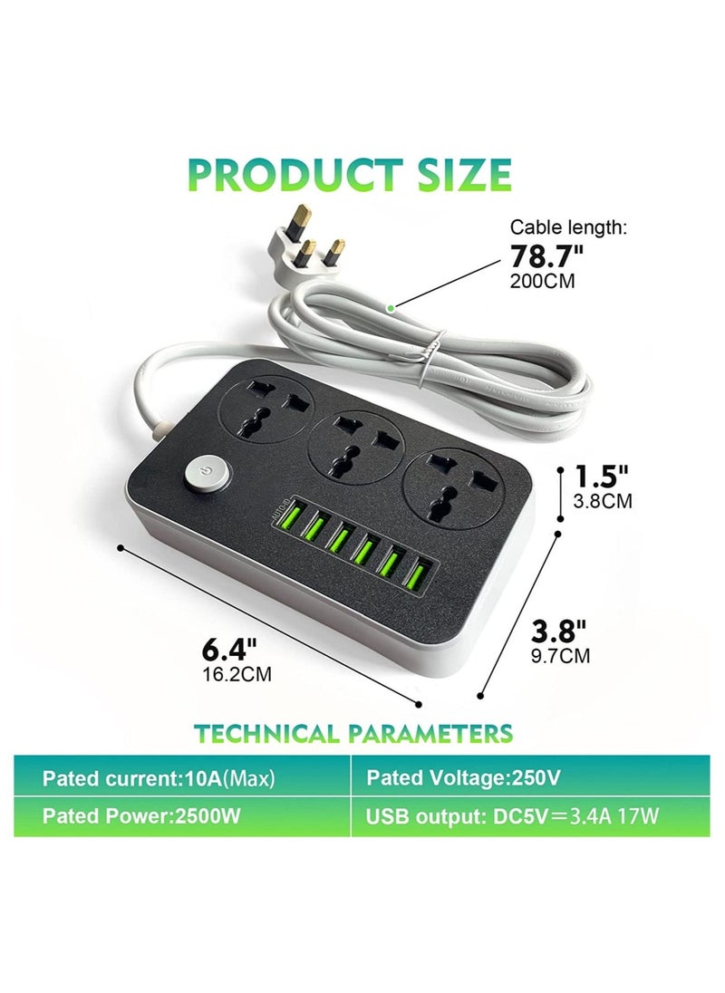 BGM Power Strips Extension Cord 3 Outlets, Power Socket with 6 USB Ports Universal Charging Socket with 2M Bold Extension Cord  - Image 4