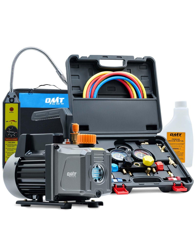 Orion Motor Tech AC Vacuum Pump and Gauge Set, 1/3 hp 4 cfm Vacuum Pump Manifold Gauge Kit with Leak Detector 4 Hoses & Accessories for R134a R22 R410a, A/C Vacuum Pump Kit for Auto HVAC Systems - Image 1
