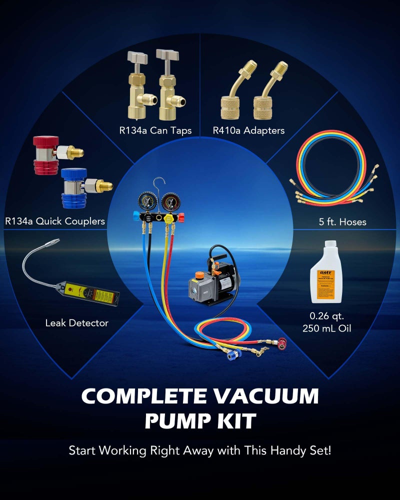Orion Motor Tech AC Vacuum Pump and Gauge Set, 1/3 hp 4 cfm Vacuum Pump Manifold Gauge Kit with Leak Detector 4 Hoses & Accessories for R134a R22 R410a, A/C Vacuum Pump Kit for Auto HVAC Systems - Image 3