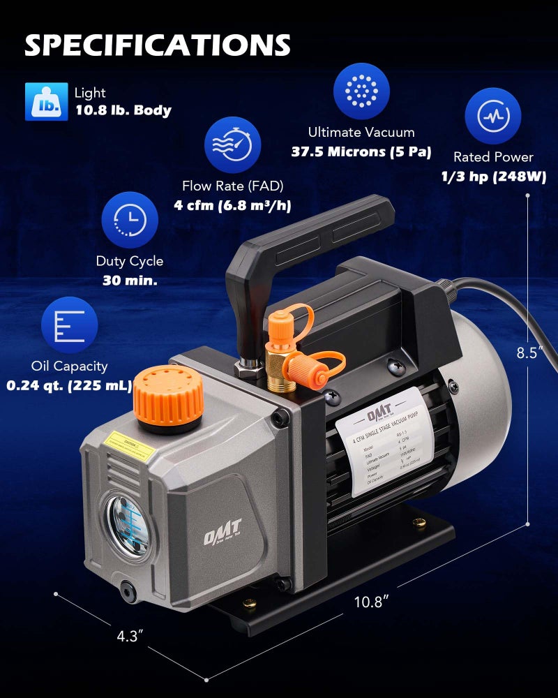 Orion Motor Tech AC Vacuum Pump and Gauge Set, 1/3 hp 4 cfm Vacuum Pump Manifold Gauge Kit with Leak Detector 4 Hoses & Accessories for R134a R22 R410a, A/C Vacuum Pump Kit for Auto HVAC Systems - Image 4