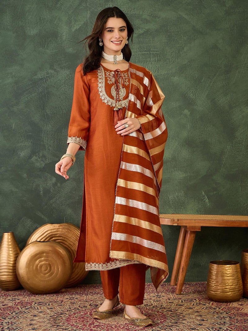 Naixa Women's Vichitra Silk Siquinned Embroidered Straight Kurta with Pant and Dupatta Sets (NX-M-Mojili-Orange-XL) - Image 2