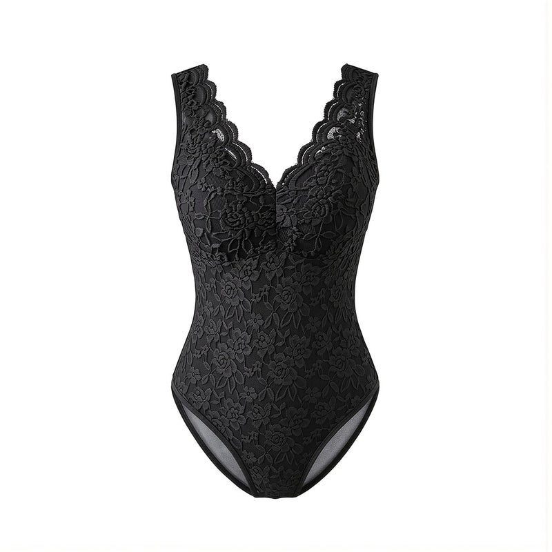 Lace Long Sleeve Bodysuit Black Scallop V Neck Party Clubwear Casual Layering Top - Image 1