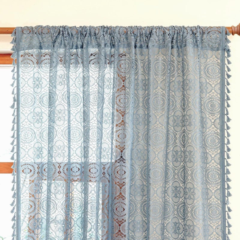 YJ YANJUN Blue Boho Curtains for Bedroom -63 Inch Length 2 Panels, Lace Sheer Curtains for Living Room, Floral Embroidered, Coastal Cottagecore Farmhouse Style W59 x L63 Dusty Blue - Image 2