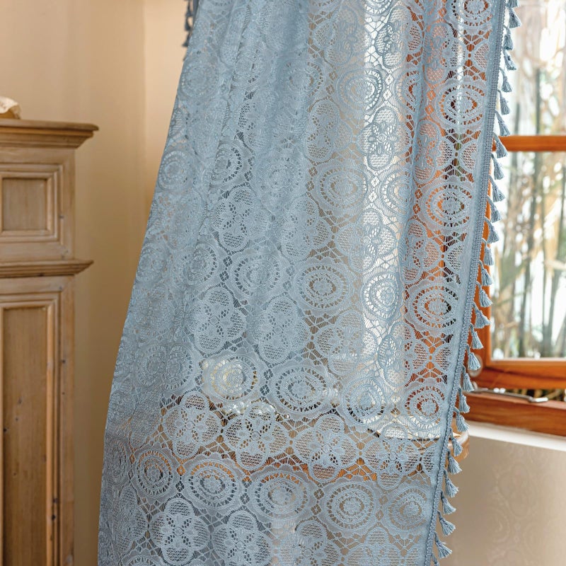 YJ YANJUN Blue Boho Curtains for Bedroom -63 Inch Length 2 Panels, Lace Sheer Curtains for Living Room, Floral Embroidered, Coastal Cottagecore Farmhouse Style W59 x L63 Dusty Blue - Image 5