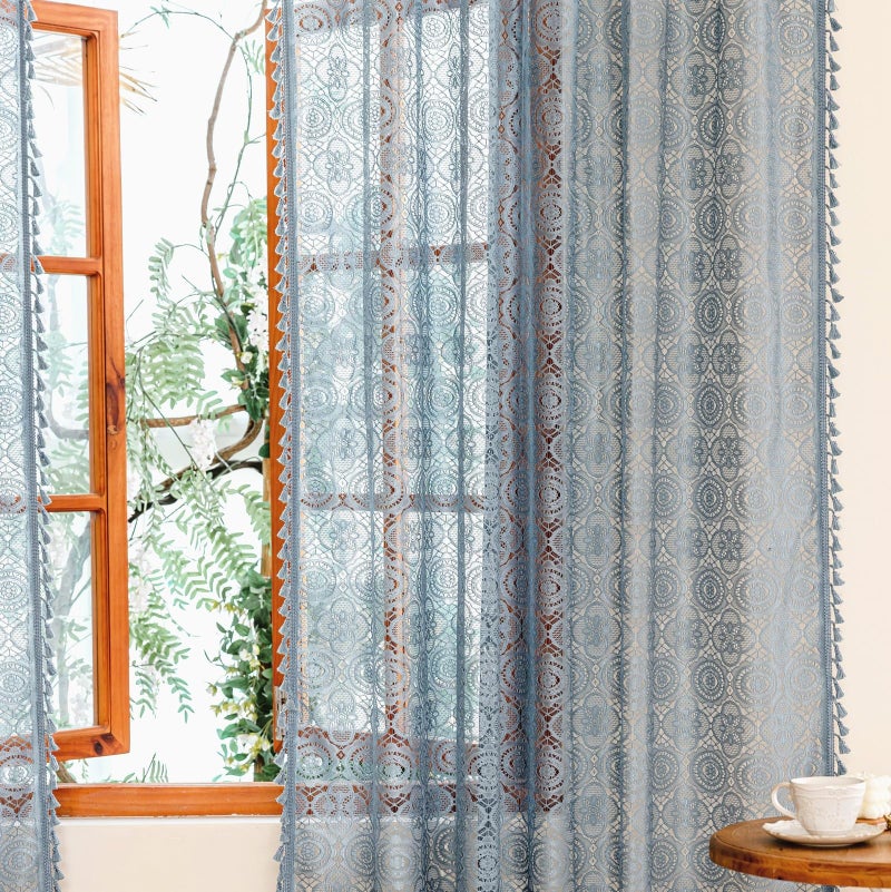 YJ YANJUN Blue Boho Curtains for Bedroom -63 Inch Length 2 Panels, Lace Sheer Curtains for Living Room, Floral Embroidered, Coastal Cottagecore Farmhouse Style W59 x L63 Dusty Blue - Image 4