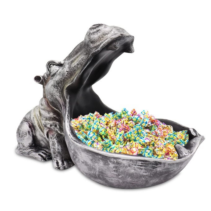 HIPPO STATUE HOME RESIN HIPPOPOTAMUS FIGURINE FUN CANDY DISHKEY BOWLBIG MOUTH SCULPTURE TABLE ART DECORATION SUNDRIES CONTAINER STORAGE BOXES GREY