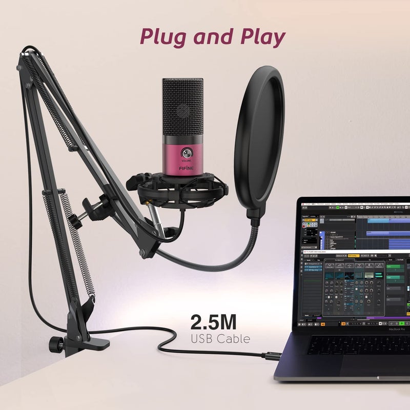 FIFINE مجموعة ميكروفون بودكاست FIFINE - ميكروفون تسجيل USB لجهاز الكمبيوتر، مجموعة ميكروفون مكثف للبث، الألعاب، التعليق الصوتي، الاجتماعات، مع حامل ذراع، قاعدة مضادة للصدمات، فلتر صوت - T669 وردي غامق - Image 4