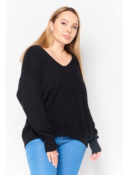 Women V-Neck Textured Sweater, Black