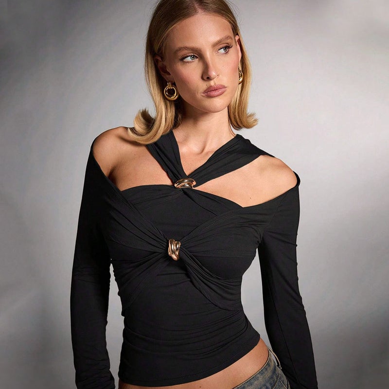 Women's Off-Shoulder Slim Fit Black T-Shirt - Image 3
