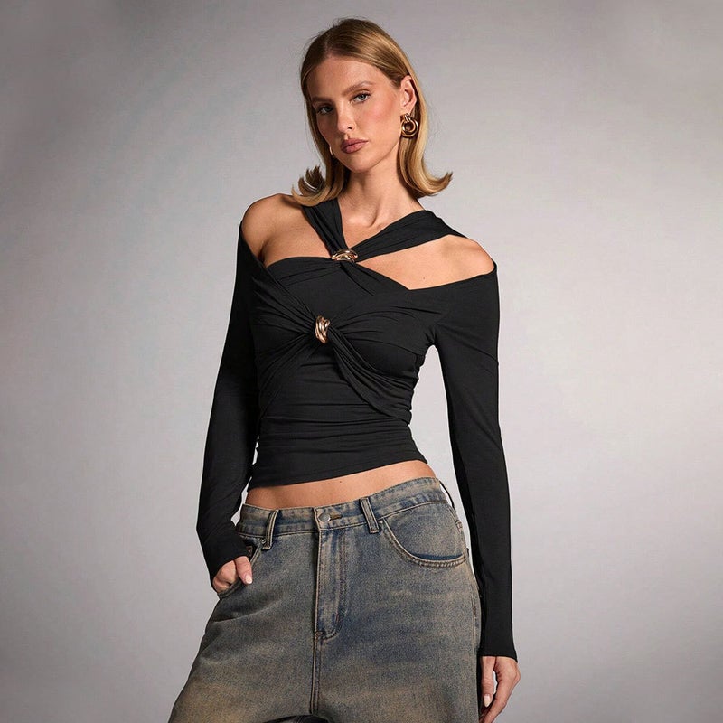 Women's Off-Shoulder Slim Fit Black T-Shirt - Image 4