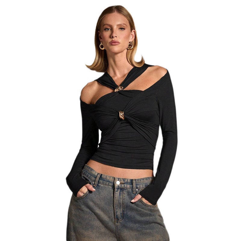 Women's Off-Shoulder Slim Fit Black T-Shirt - Image 5