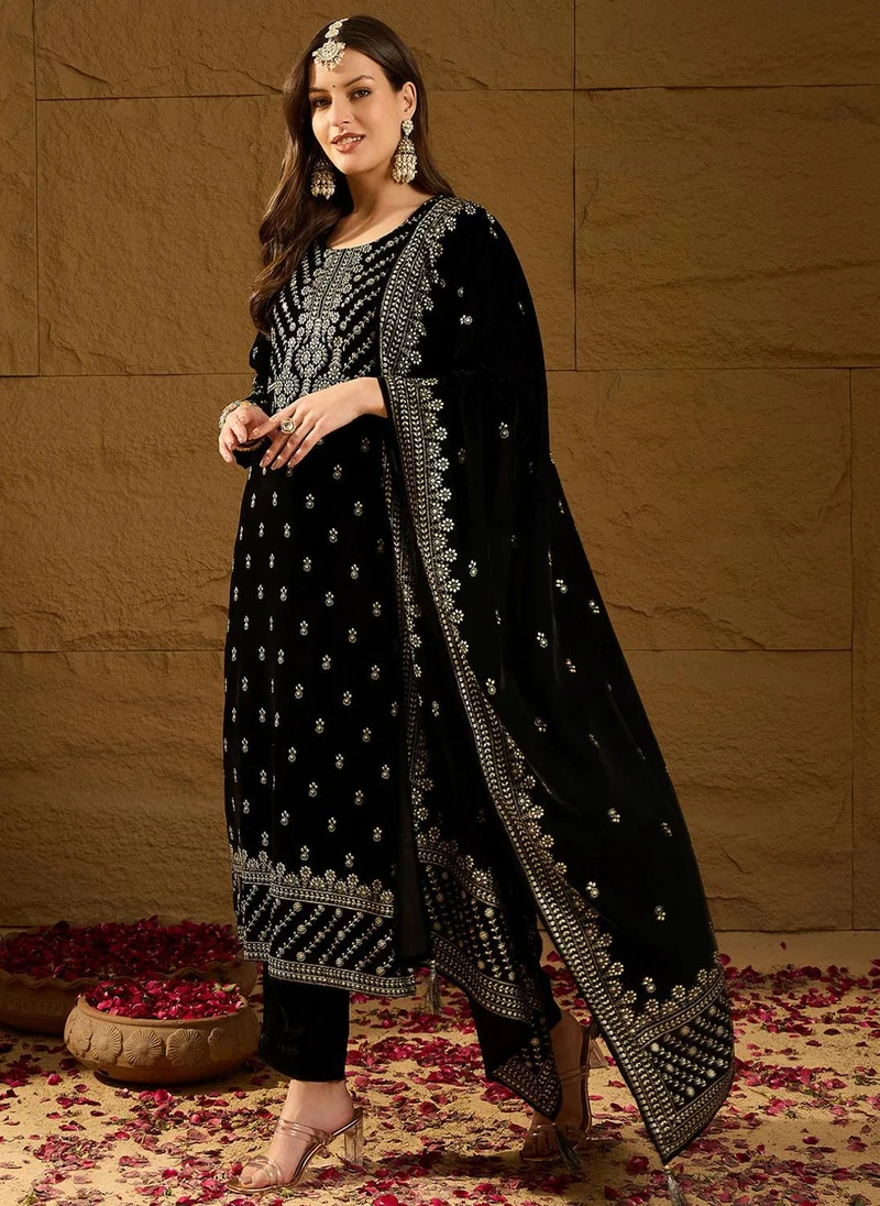 ZERESOUQ Black Velvet Ethnic Motifs Printed 3-Piece Suit Set