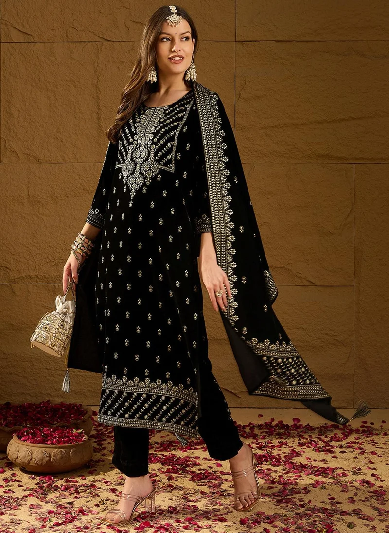 ZERESOUQ Black Velvet Ethnic Motifs Printed 3-Piece Suit Set