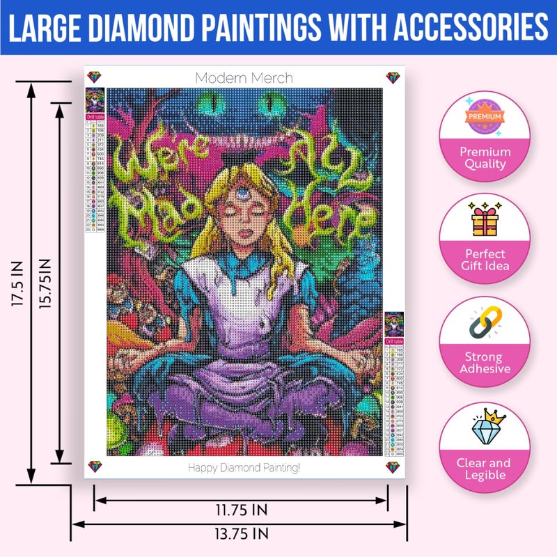 Modern Merch Alice in Wonderland Diamond Art Kits for Adults 'We're All Mad Here' 5D Diamond Painting for Adults, DIY Trippy Wall Art, Cross Stitch Gem Art, Full Round Drill 12x16 - Image 3